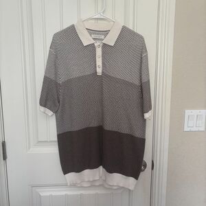 Denim & Flower knit polo w/ grey-brown pattern & snap button modal blend large